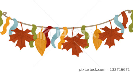 Autumn garland of ribbons and leaves, festive watercolor seamless border in autumn colors. Design element for printing, children's prints, and decorations. Highlighted, isolated Autumn garland of ribbons and leaves, festive watercolor seamless border in autumn colors. Design element for printing, children's prints, and decorations. Highlighted, isolated 132716671