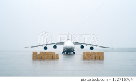 Giant Cargo Aircraft with Boxes on Runway 132716764