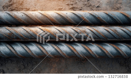 Close-up of rusty steel reinforcement bars on construction site 132716838