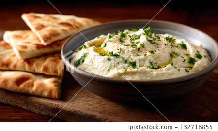 Traditional hummus with olive oil and herbs served with pita bread on wooden table Traditional hummus with olive oil and herbs served with pita bread on wooden table 132716855
