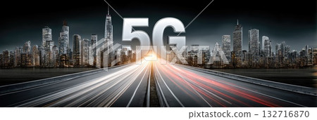 Highway leading to modern city skyline with 5G symbol at night Highway leading to modern city skyline with 5G symbol at night 132716870