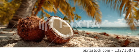 Coconut on sandy tropical beach with palm trees and blue ocean Coconut on sandy tropical beach with palm trees and blue ocean 132716871