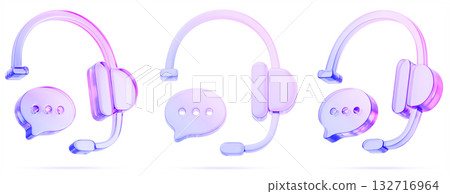 Customer service, call center, phone support. Render 3d set of glass holographic headphones with speech bubble chat icon. AI agent or hotline helpdesk operator headset with message. 3D illustration Customer service, call center, phone support. Render 3d set of glass holographic headphones with speech bubble chat icon. AI agent or hotline helpdesk operator headset with message. 3D illustration 132716964