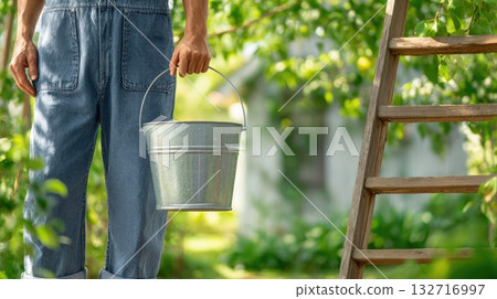 Gardener Holding Metal Bucket Near Ladder Gardener Holding Metal Bucket Near Ladder 132716997