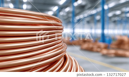 Coiled copper tube roll stored in modern manufacturing factory 132717027
