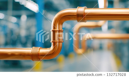 Copper pipeline connection joint in industrial facility interior 132717028