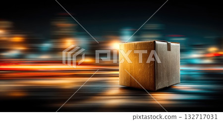 Cardboard delivery box with motion blur lights in city night background 132717031