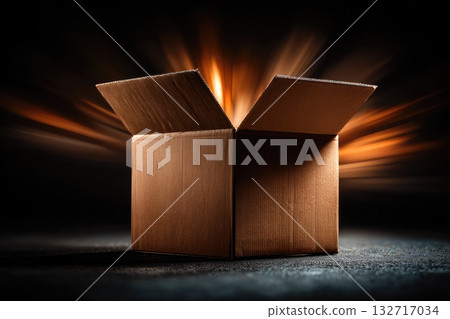 Mysterious glowing cardboard box with light rays coming out in dark room Mysterious glowing cardboard box with light rays coming out in dark room 132717034