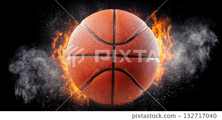 Burning basketball ball with fire and smoke on dark background 132717040