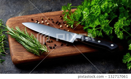 Chef knife with fresh herbs and garlic on wooden board Chef knife with fresh herbs and garlic on wooden board 132717061