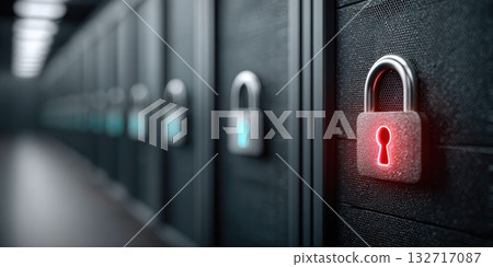 Cybersecurity concept with glowing red padlock in dark data server room 132717087