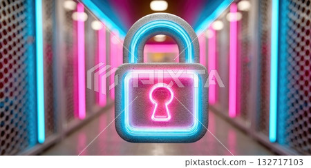 Neon padlock glowing with pink and blue lights in futuristic data corridor Neon padlock glowing with pink and blue lights in futuristic data corridor 132717103