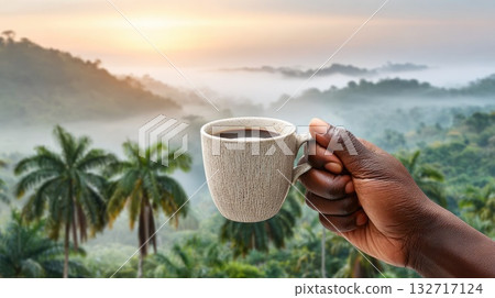 Hand Holding Ceramic Coffee Cup in Tropical Forest 132717124