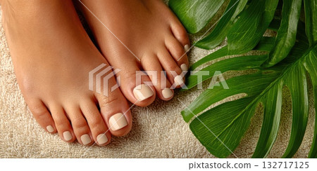 Female Feet with Green Tropical Leaves and Beige Nails 132717125