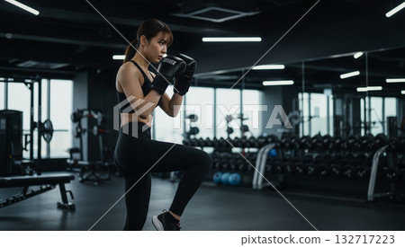 Female athlete exercising at a fitness gym Female athlete exercising at a fitness gym 132717223