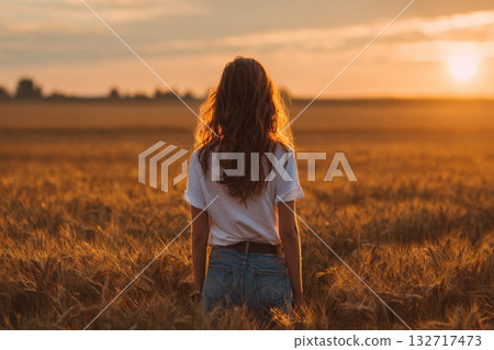 Woman Enjoys Sunset View Over Golden Wheat Field in a Serene Rural Setting 132717473