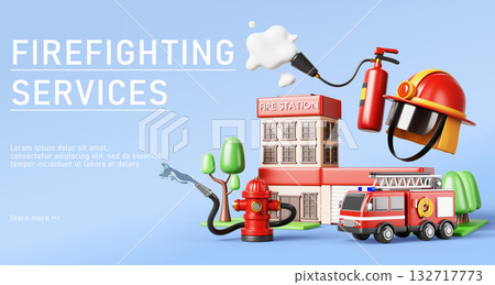 3d firefighting services landing page with fire truck, station building, helmet, foam extinguisher, red hydrant spraying water. Emergency department, firefighter equipment, web banner. 3D illustration 132717773