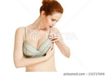 Attractive slim woman in grey matching underwear 132717949