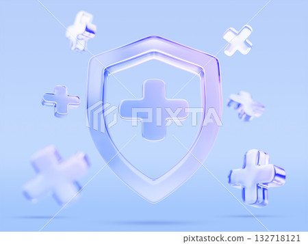3d glass holographic medical shield icon with plus cross signs floating on blue background. Health insurance protection badge. Healthcare safety emblem for hospital or pharmacy design. 3D illustration 132718121