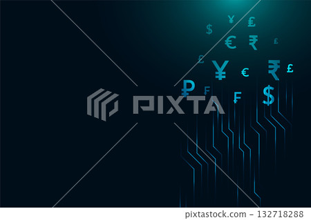 set of glowing digital currency sign background with circuit lines set of glowing digital currency sign background with circuit lines 132718288