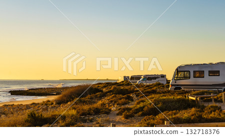Camper cars on beach sea shore Camper cars on beach sea shore 132718376