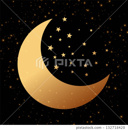 natural golden crescent moon and stars dark background 132718420