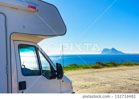 Caravan on spanish coast, Gibraltar rock on horizon 132718482