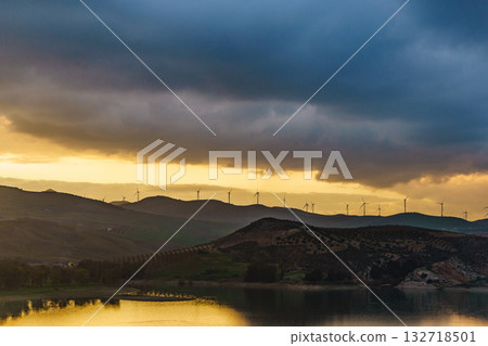 Andalucia at sunset with wind turbines, Spain Andalucia at sunset with wind turbines, Spain 132718501
