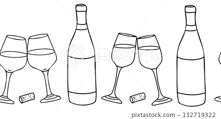 Wine graphic Seamless border, pattern. Wine Bottle, Cork and clinking Glasses. Hand drawn Vector illustration in Doodle style. For restaurant menus, wallpaper design. 132719322