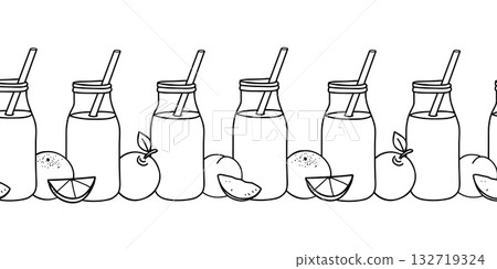Fruits Smoothies seamless border, pattern. Apple, Peach, Orange. Detox Cocktails in the bottle with straw. Healthy Drink Vector illustration in Doodle style. For packaging, wallpaper, menu design. 132719324