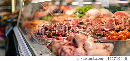 Fresh meat assortment in butcher shop display Fresh meat assortment in butcher shop display 132719446