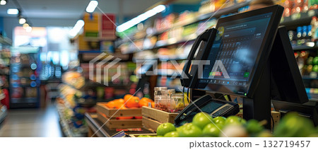 Checkout Counter with POS System in Grocery Store Checkout Counter with POS System in Grocery Store 132719457