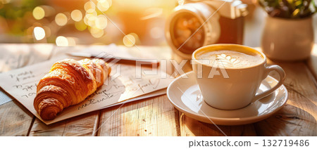 Cozy morning coffee and croissant breakfast 132719486