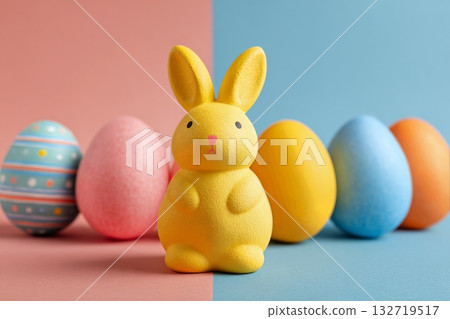 Colorful Easter Decorations Featuring a Yellow Bunny and Vibrant Eggs on Pastel Backgrounds Colorful Easter Decorations Featuring a Yellow Bunny and Vibrant Eggs on Pastel Backgrounds 132719517