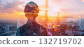 Double exposure of construction worker and city skyline 132719702