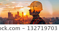 Double exposure of construction worker and city skyline 132719703