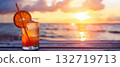 Refreshing cocktail with orange slice at beach sunset 132719713