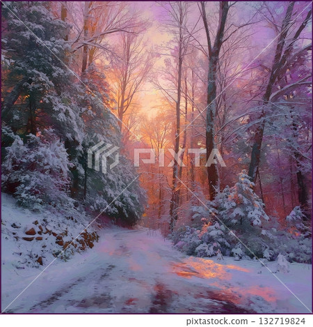 Beautiful Winter Sunset Over a Snowy Forest Path During the Evening Hours Beautiful Winter Sunset Over a Snowy Forest Path During the Evening Hours 132719824