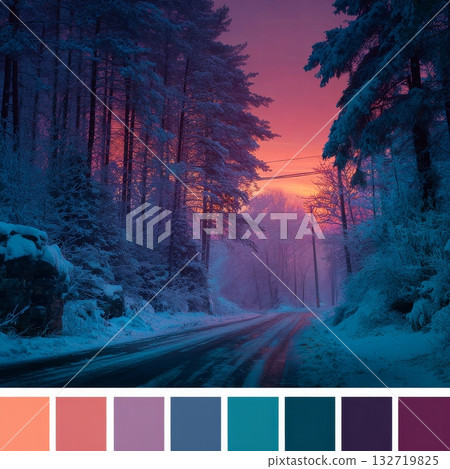 Winter Sunset Creates Vibrant Colors Along a Quiet Snowy Road Near a Forest 132719825