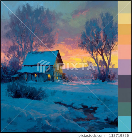 Winter Sunset Creates Vibrant Colors Along a Quiet Snowy Road Near a Forest 132719826