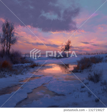 Beautiful Winter Sunset Over a Snowy Forest Path During the Evening Hours 132719827