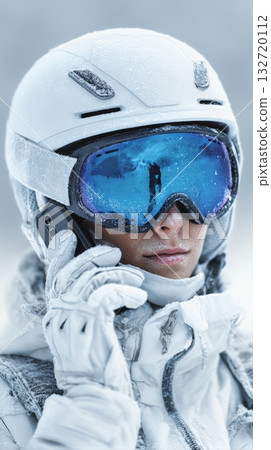 Winter Sports Enthusiast Using Phone in Snowy Landscape During Ski Session Winter Sports Enthusiast Using Phone in Snowy Landscape During Ski Session 132720112