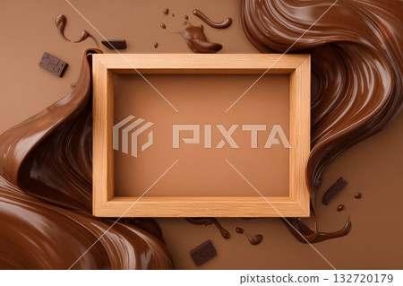 Creative Splash of Chocolate With Wooden Frame in a Studio Setting 132720179