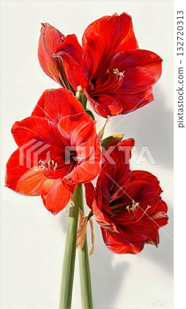 Bright Red Amaryllis Flowers Bloom Beautifully in Bright Light, Showcasing Vibrant Colors and Details 132720313