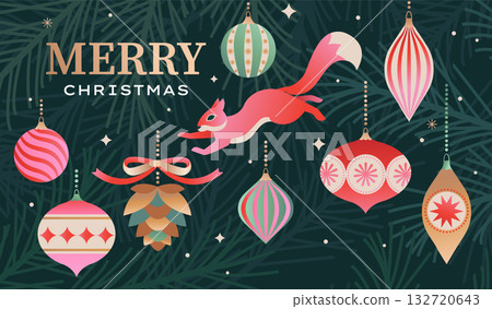 Christmas greeting card with Christmas balls and jumping squirrel on coniferous background.Bright toys for happy holiday.Template design for flyer,web,posters,banners, social media.Vector illustration 132720643
