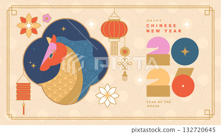 Chinese new year 2026, horizontal greeting card with chinese patterns, numbers, lanterns, flowers and horse in night window. Template design for web, invitations, posters, banner, sales. Vector 132720645