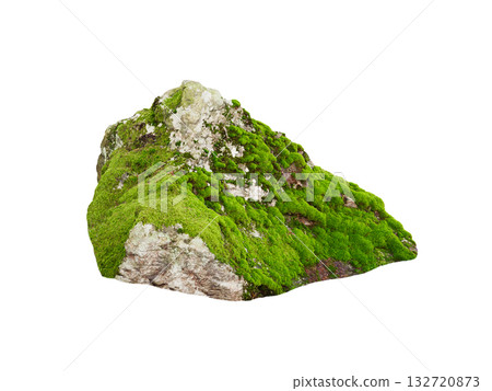 wet stone overgrown with moss isolated on white background 132720873