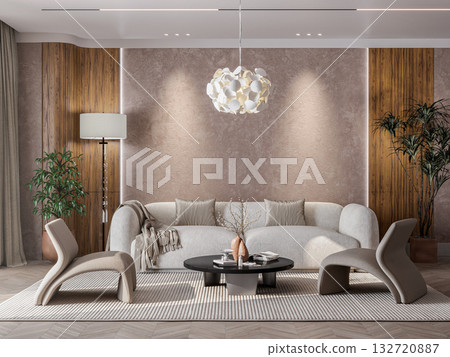 Neutral Tone Living Room with Sculptural Furniture 132720887