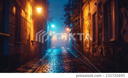 Alley at night with street lights 132720895