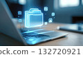 Glowing blue digital folder icon with surrounding file icons hovers over a laptop, representing secure cloud storage, data management and electronic archiving 132720921